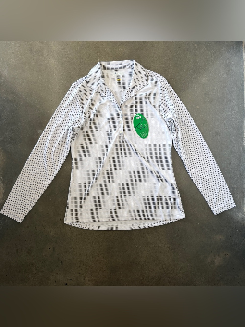 NWT White Gray Navy Microdot Long-Sleeve Polo Top ML17 UV protect sz M